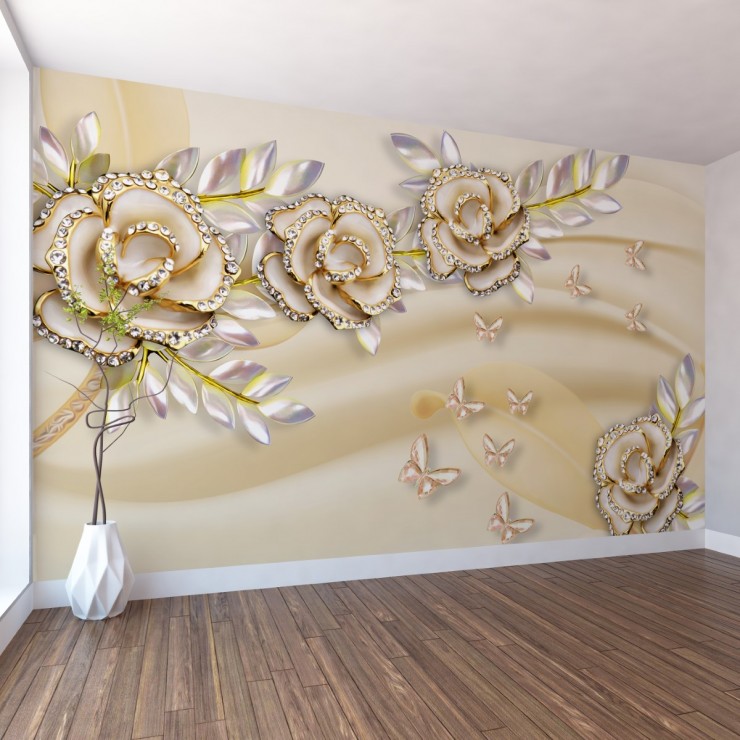 3D Taşlı Çiçekler Duvar Kağıdı 