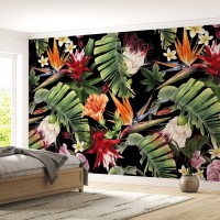 Tropikal Rüya: Egzotik Çiçek ve Yaprak Desenli Duvar Kağıdı