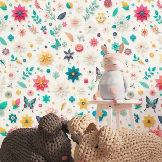 Renkli Çiçek ve Kelebek Desenli Çocuk Odası Duvar Kağıdı