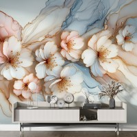Akışkan Güzellik: Soyut Çiçek ve Mermer Desenli Duvar Kağıdı