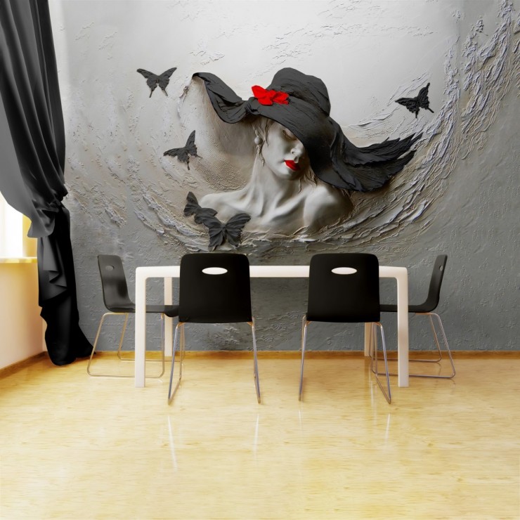 Kabartma Şapkalı Kadın 3D Duvar Posteri Siyah
