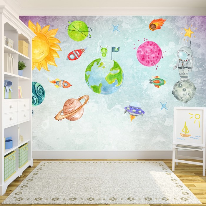Eğlenceli Uzay Çocuk Odası Duvar Kağıdı