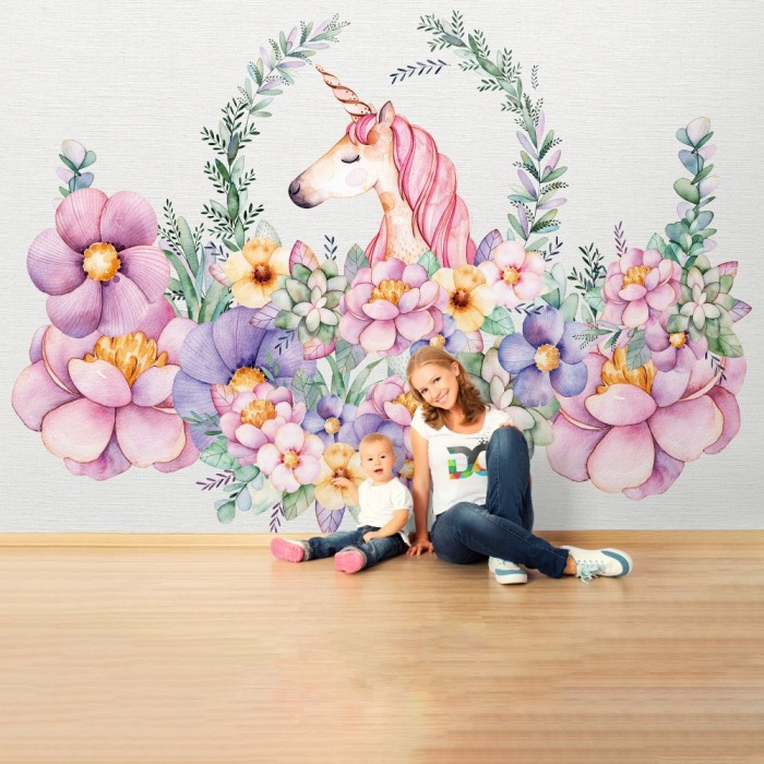 Unicorn Çiçekli Çocuk Odası Duvar Kağıdı