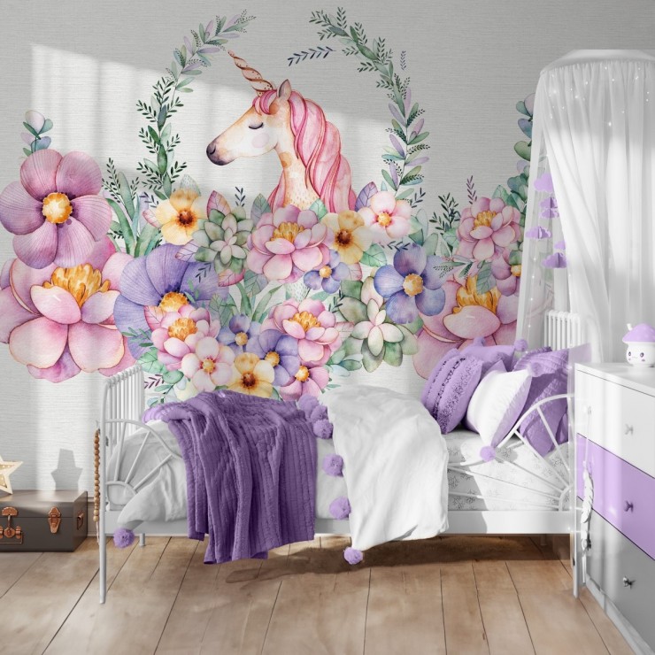 Unicorn Çiçekli Çocuk Odası Duvar Kağıdı