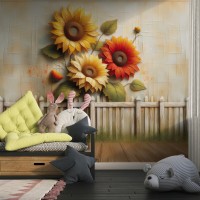 Çocuk Odası İçin Renkli Ayçiçeği Duvar Kağıdı