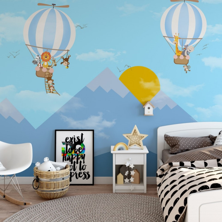 Dağ Güneş ve Balon Çocuk Odası Posteri Mavi