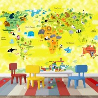 Hayvanlar Alemi Dünya Haritası Sarı - Duvar Posteri