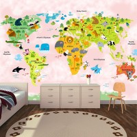 Hayvanlar Alemi Dünya Haritası Pembe - Duvar Posteri