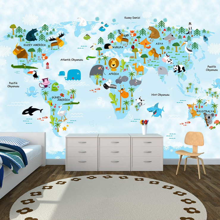 Hayvanlar Alemi Dünya Haritası Mavi Soft - Duvar Posteri