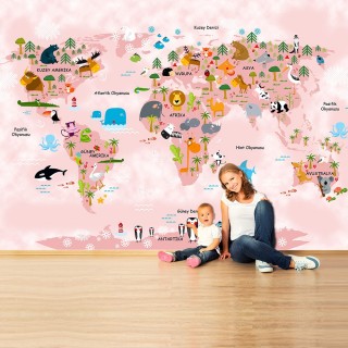 Hayvanlar Alemi Dünya Haritası Pembe Soft - Duvar Posteri