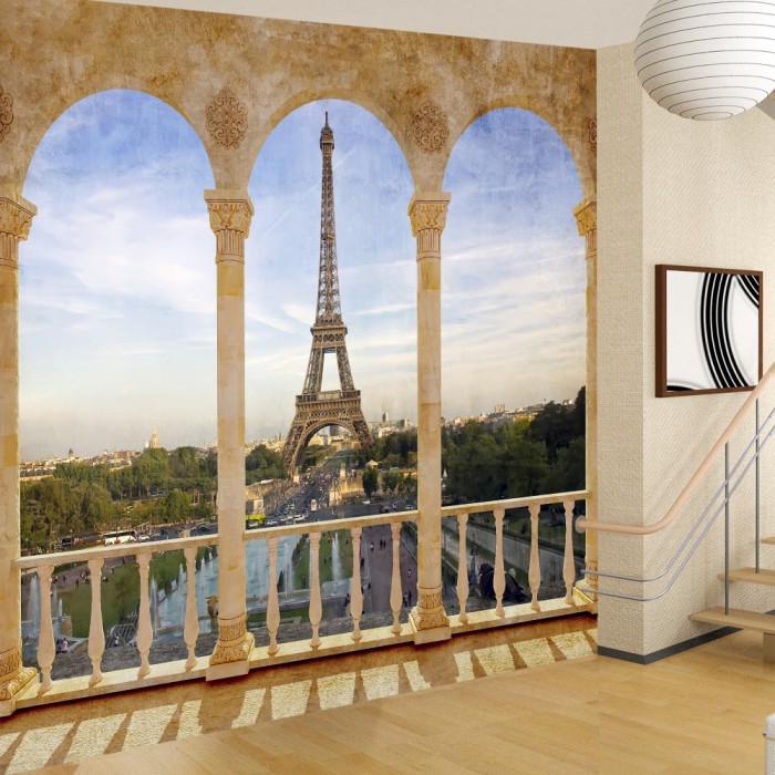 Balkondan Eyfel Kulesi 3D Duvar Posteri