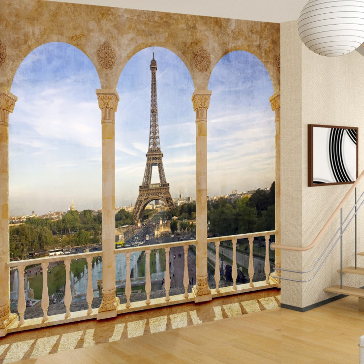 Balkondan Eyfel Kulesi 3D Duvar Posteri