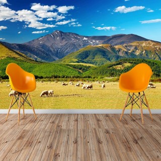 Dağ ve Koyun Çiftliği Manzaralı Duvar Posteri