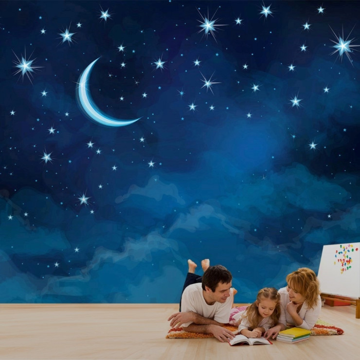 Gece Gökyüzü ve Ay Manzaralı Duvar Posteri